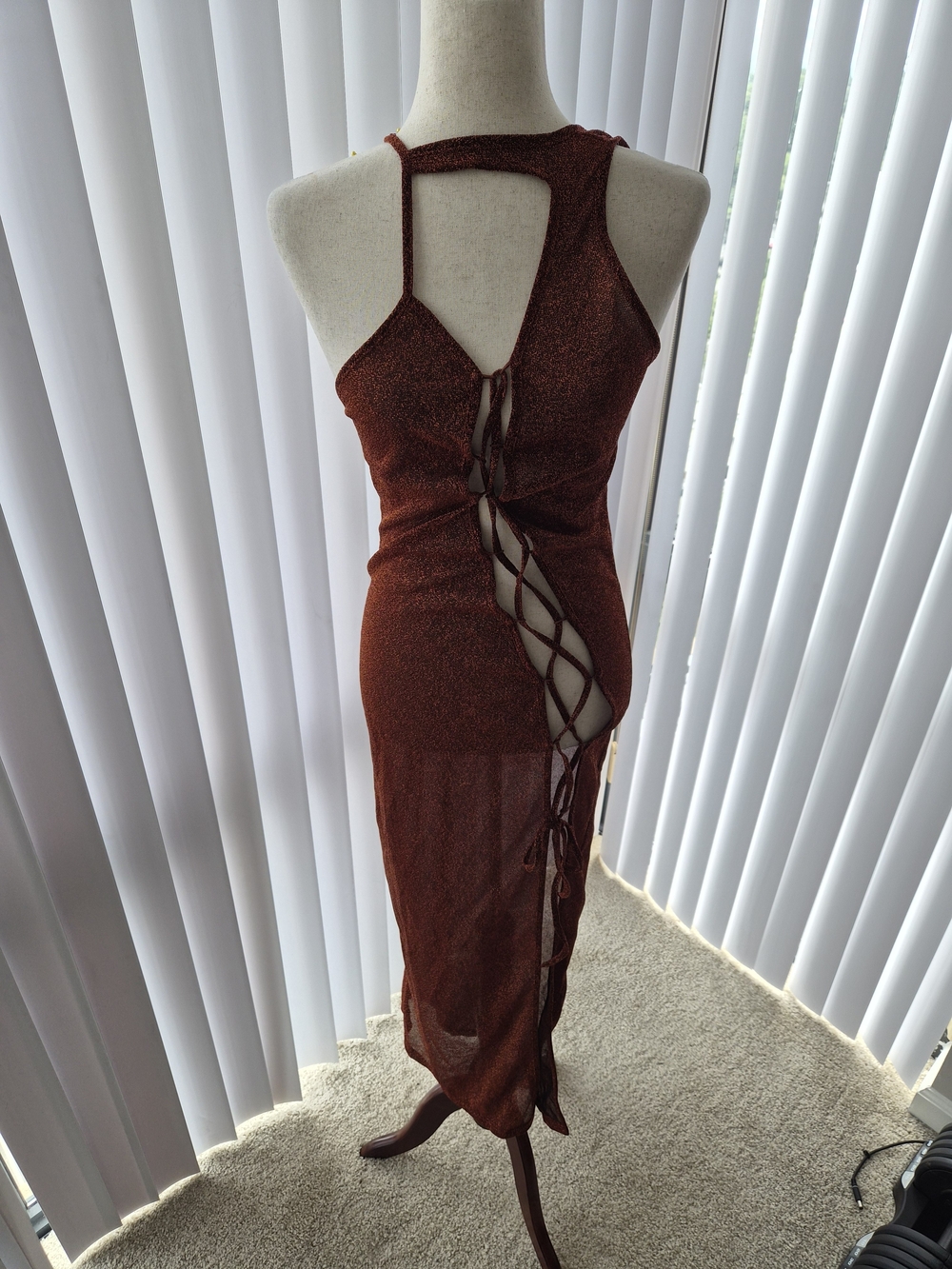 Women’s Sheer Rust Shimmery Asymmetrical Lace-Up Midi Dress